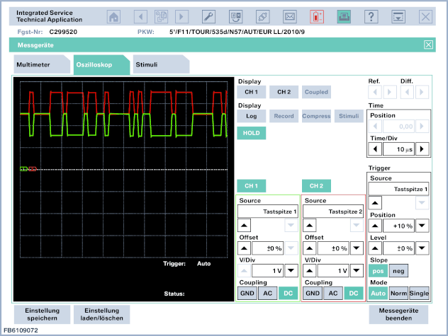 CH1: Probe 1, rang 1 B / div;  DC DC2-forbindelse: Probe 2, grad 1 V / div;  DC-forbindelse Tid: 10 ms / div